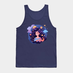 Woman with sweet dreams concept Young girl with galaxy and universe at hairs Tank Top